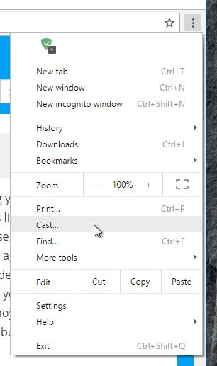 Select Cast from the chrome browser menu