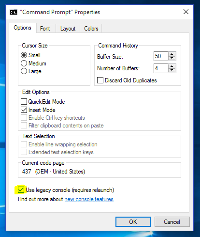 Remove the legacy mode checkbox to enable new features in the Windows 10 Command Prompt