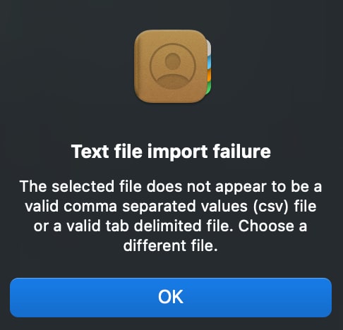 Apple Contacts Import Error