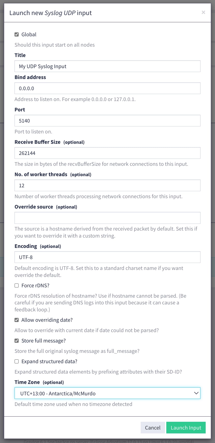 Launch new Graylog Syslog UDP Input