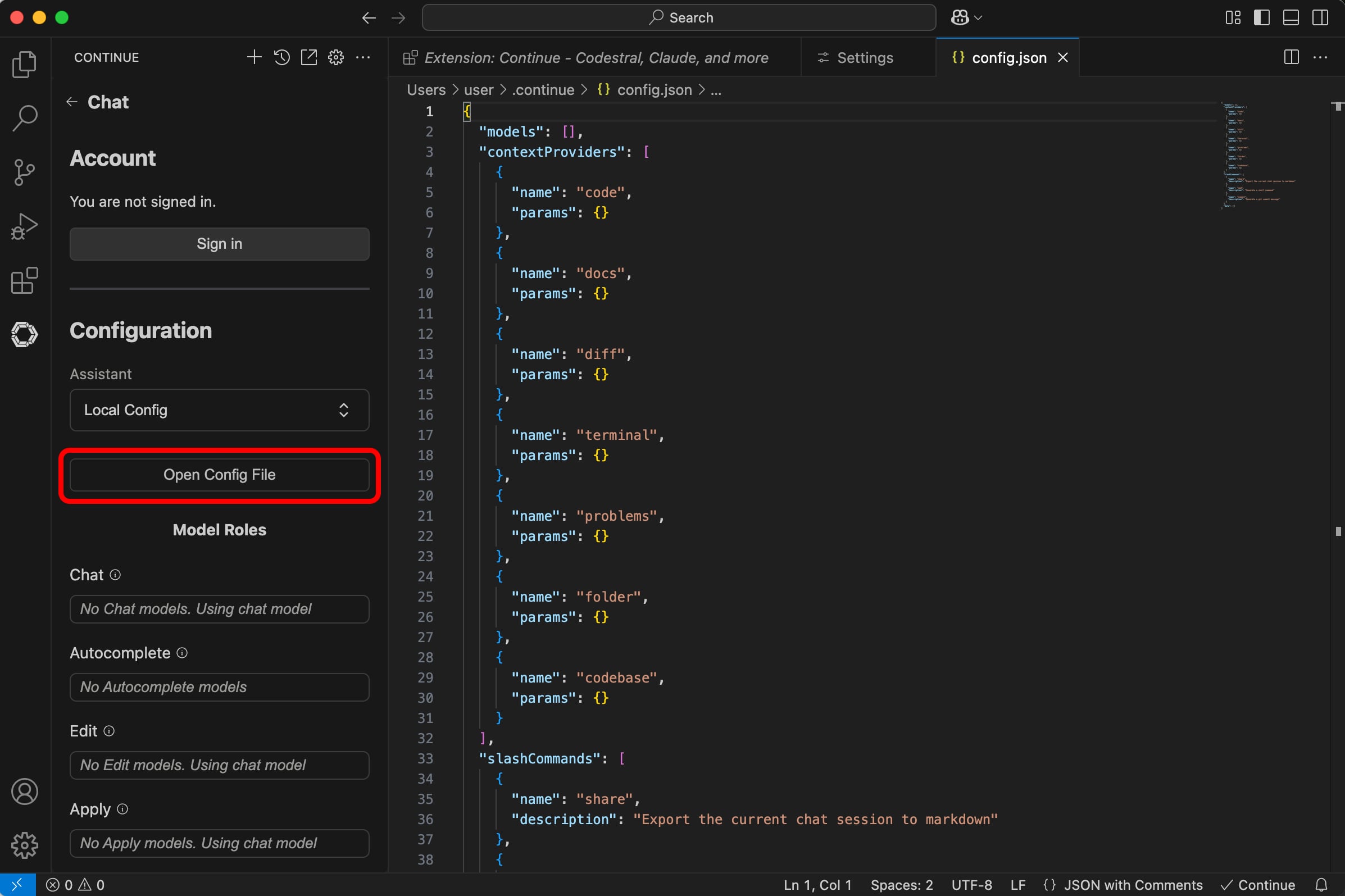 Open config.json file in Continue extension