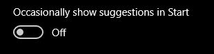 Set Occasionally show suggestions in Start to Off